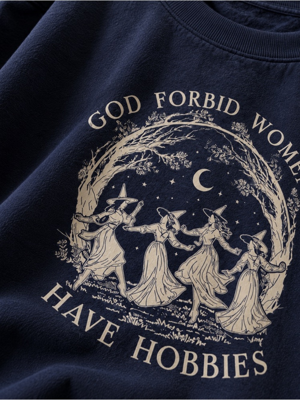 God Forbid Women Witches Circle Dancing Under Moon Graphic Navy Sweatshirt - Picture 3 of 3